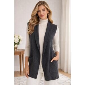 Kinross Cashmere Sleeveless Mid-Length Knit Cardigan Sweater Gray Womens Medium